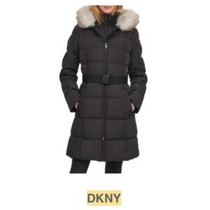 DKNY Black Belted Puffer Jacket w/ Faux Fur Hood – XS